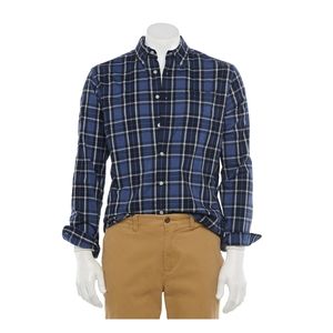 Indigo plaid button down shirt